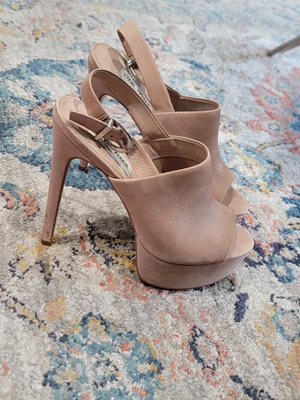 Steve Madden nude-colored open-toe platform heels with a slingback strap